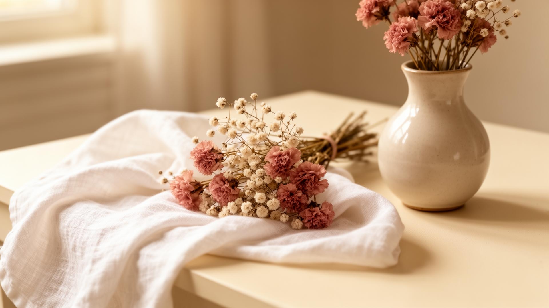 Composição suave com flores secas e tecido de linho — símbolo de cuidado e delicadeza.