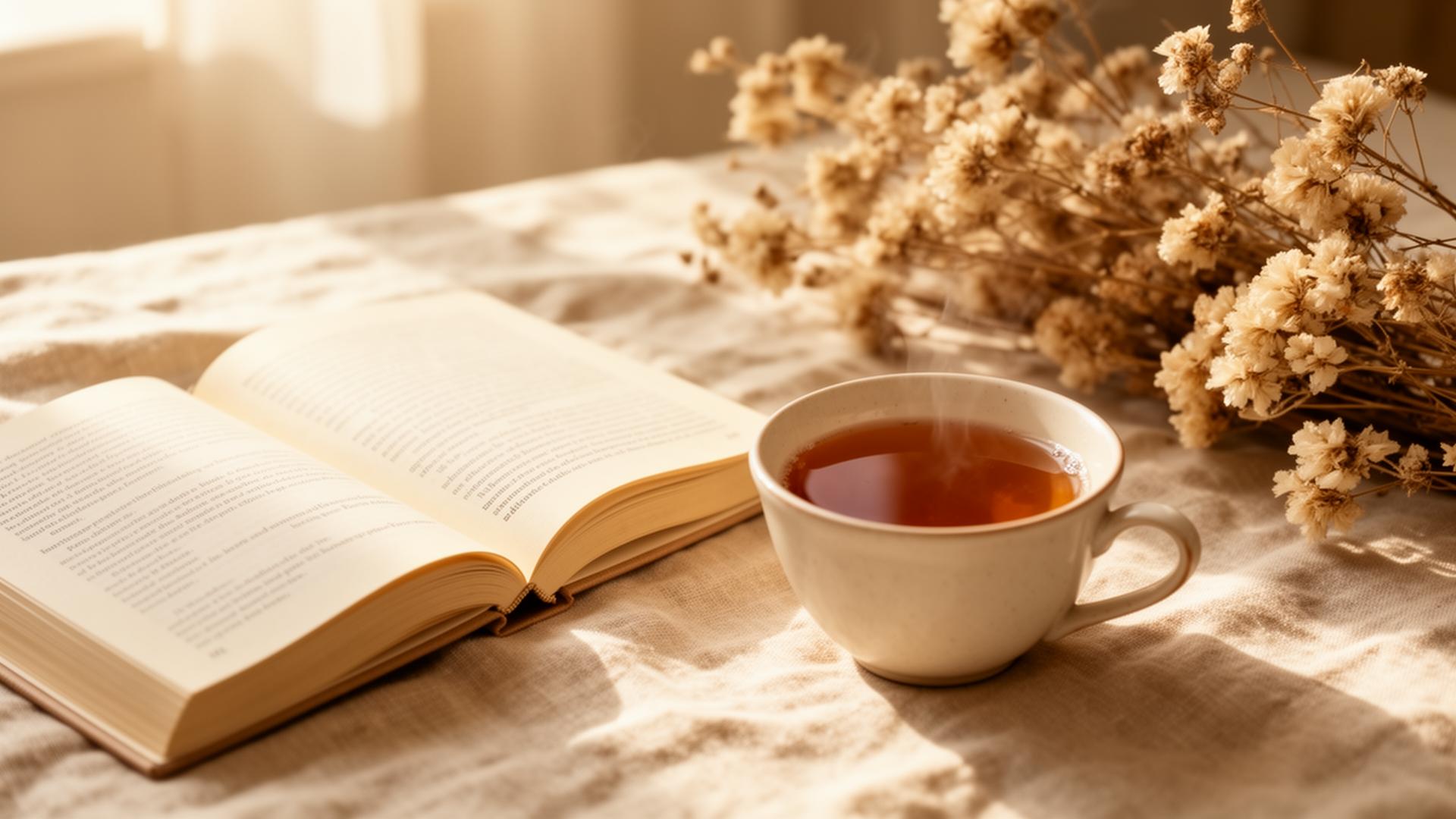 Livro aberto, xícara de chá e flores secas em luz suave — convite à leitura e reflexão.