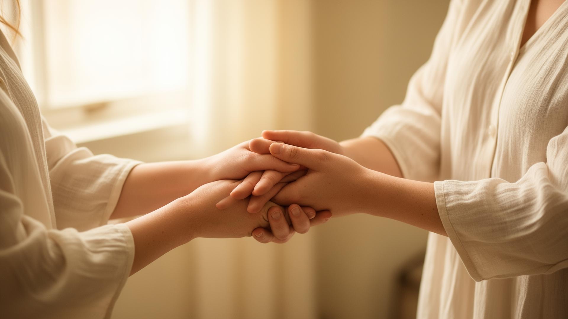 Mãos de duas mulheres se segurando com gesto de acolhimento e escuta.